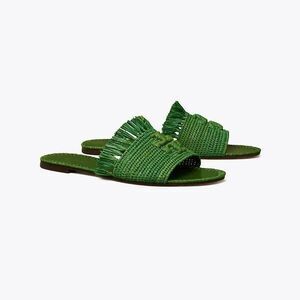 TORY BURCH Eleanor Raffia Double T Slide Sandals In Arugula Size 7 $328